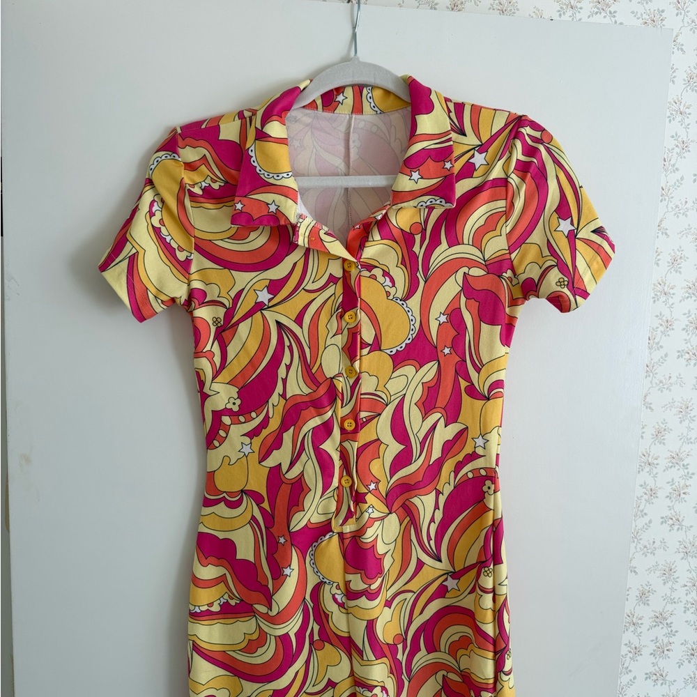 Yellow & Pink Retro Print Short Sleeve Romper